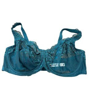 Soma Sensuous Lace Unlined Bra 36D Teal Sheer Floral Embroidered Lingerie Adjust